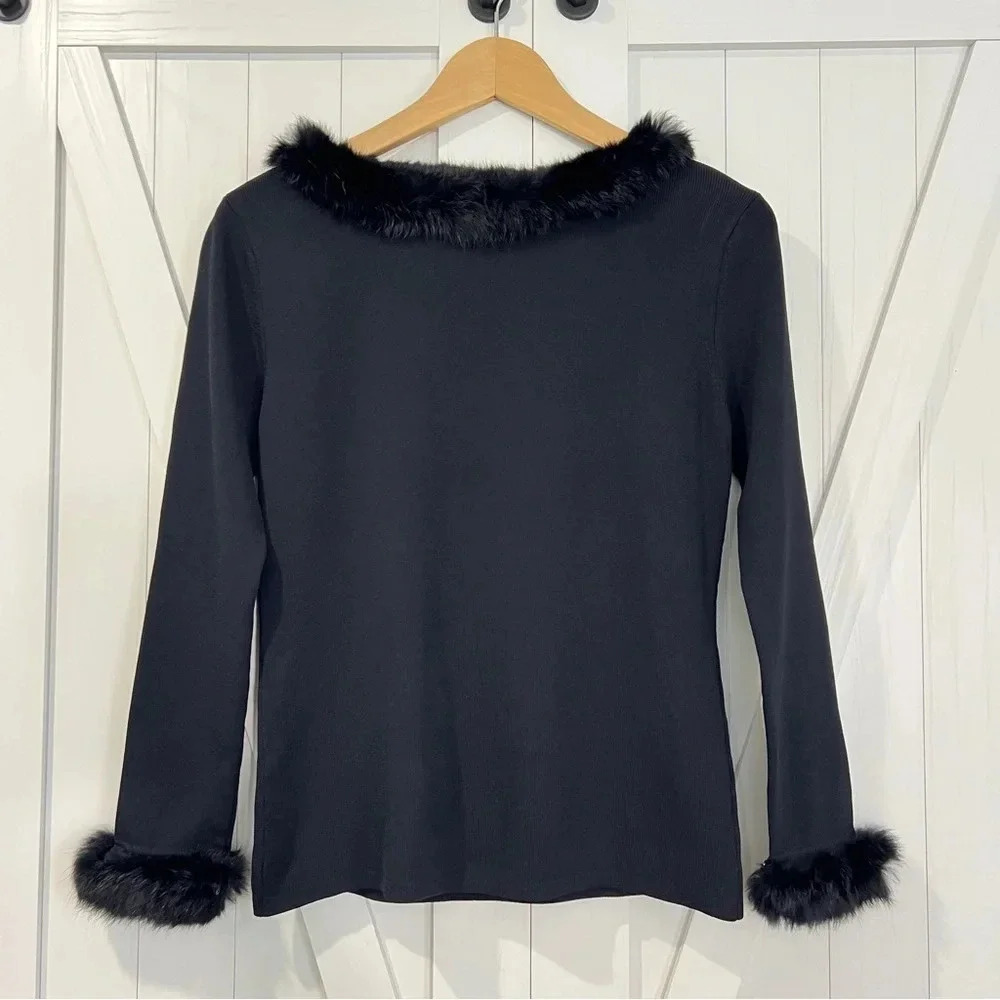 Vintage Joseph A Black Long Sleeve Top Feather Collar Cuffs Large 90s Fran Fine